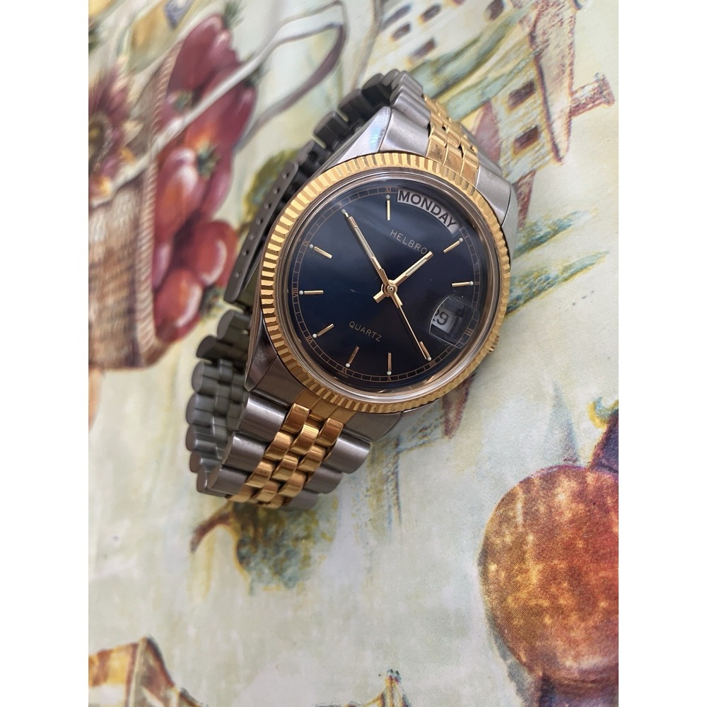 Vintage Mens Helbros Quartz Navy  Two Tone Day Date Watch Swiss Untested